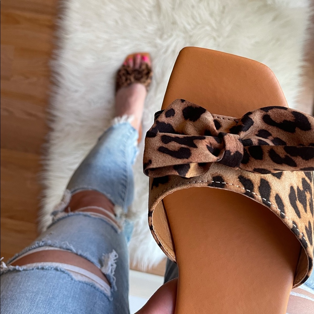 Leopard Bow Square Toe Slide Sandals - Picture 15 of 16